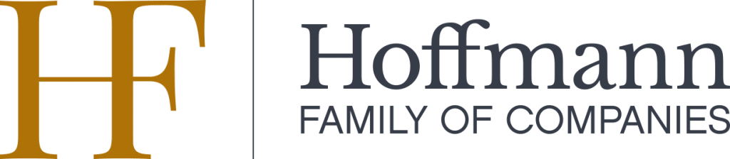 Hoffmann Family of Companies logo featuring a large gold "HF" on the left and company name in black text on the right, representing their leadership in Premier Media Network and Digital & Advertising Solutions.