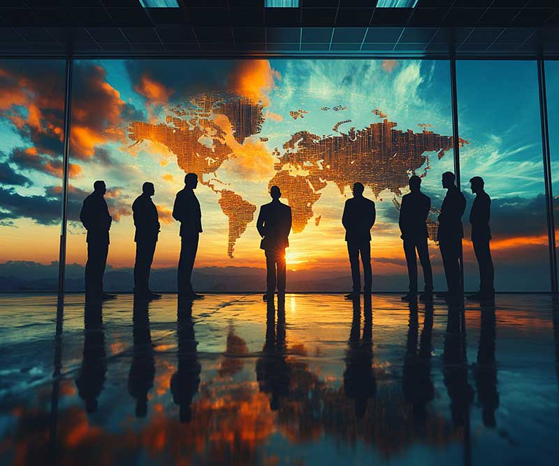 Silhouetted businesspeople stand in front of large windows displaying a world map at sunset, hinting at a global business meeting on Search Engine Marketing and Video & Streaming within the Premier Media Network.